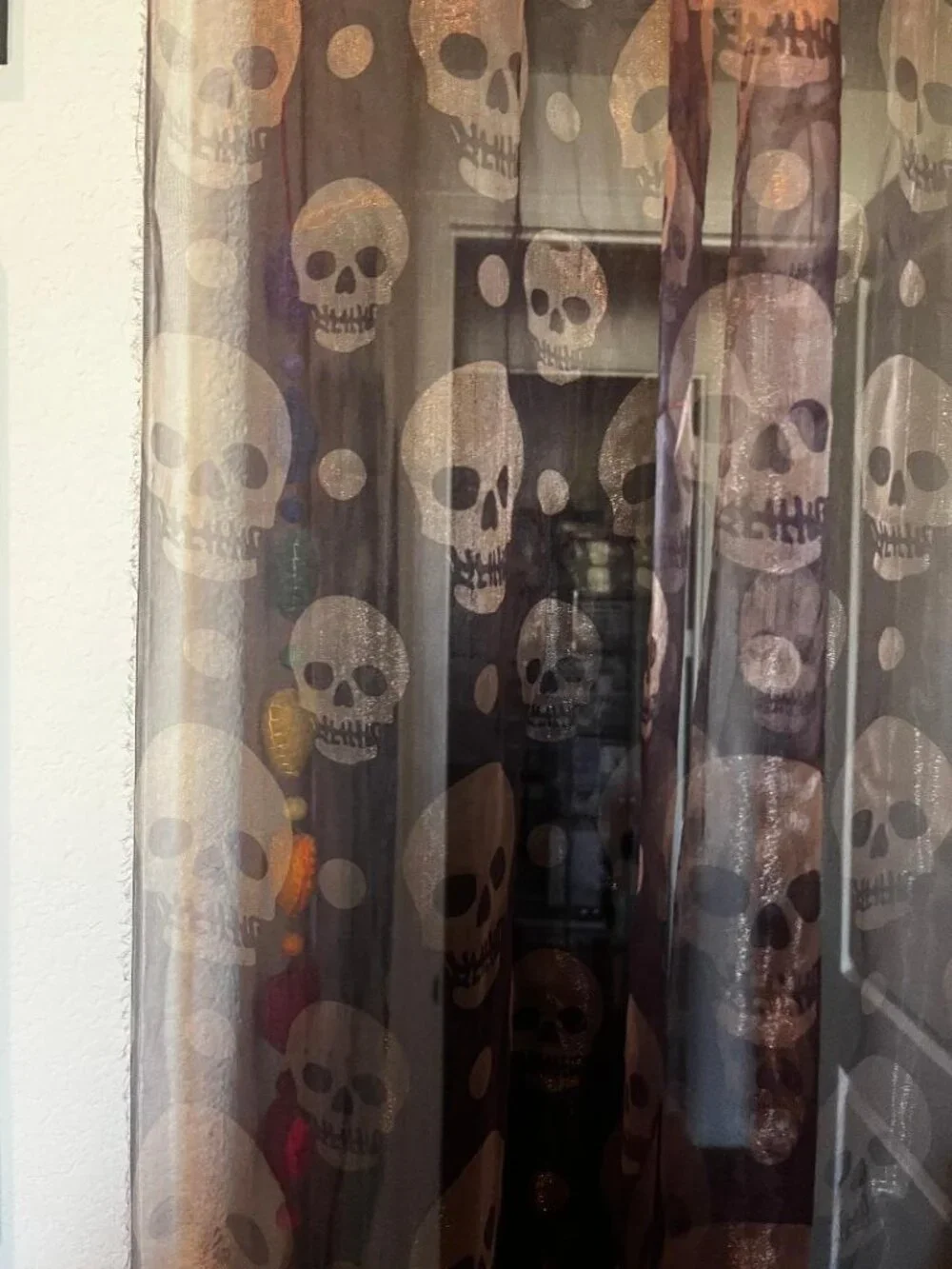 Sheer Black with Gold Skulls Curtain